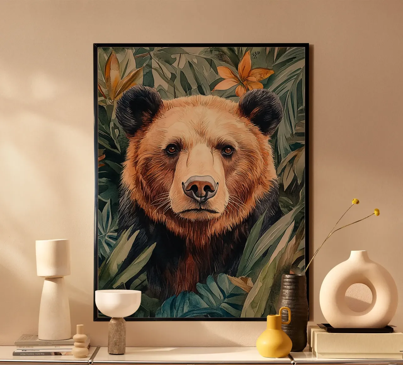 Bear Forest Leaves poster con telaio in alluminio da Mateo