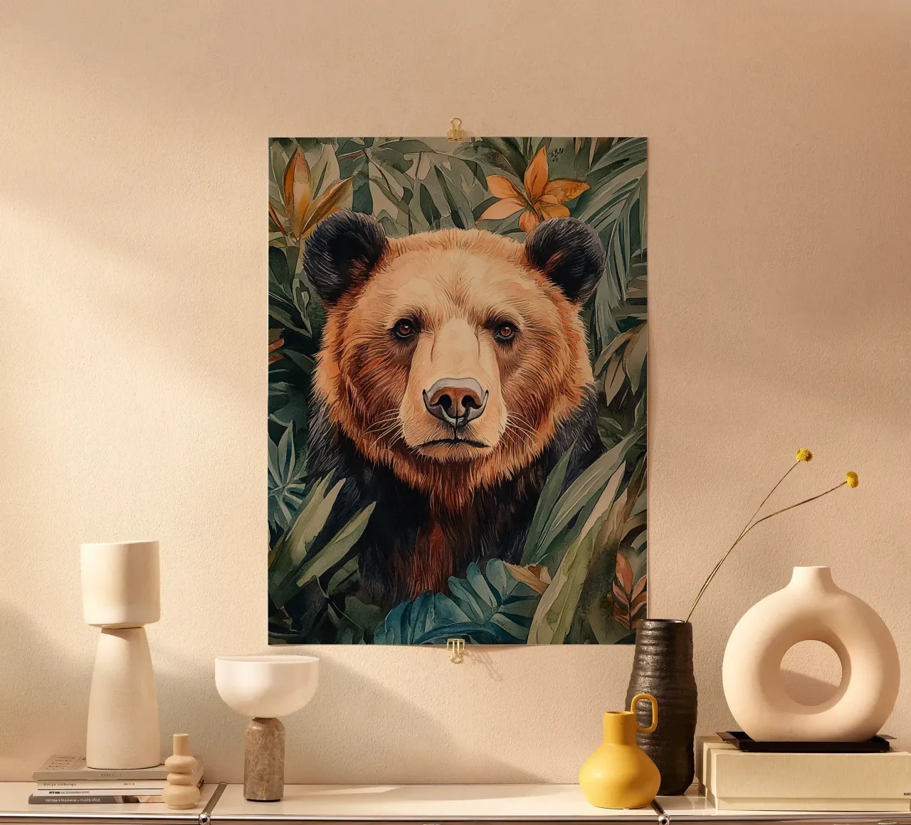 Bear Forest Leaves poster con telaio in alluminio da Mateo