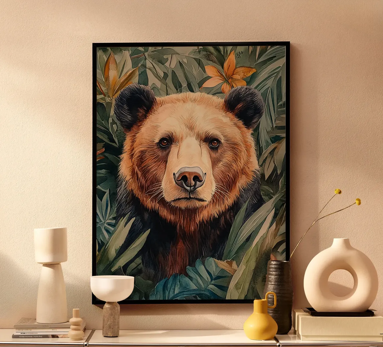 Bear Forest Leaves poster con telaio in alluminio da Mateo