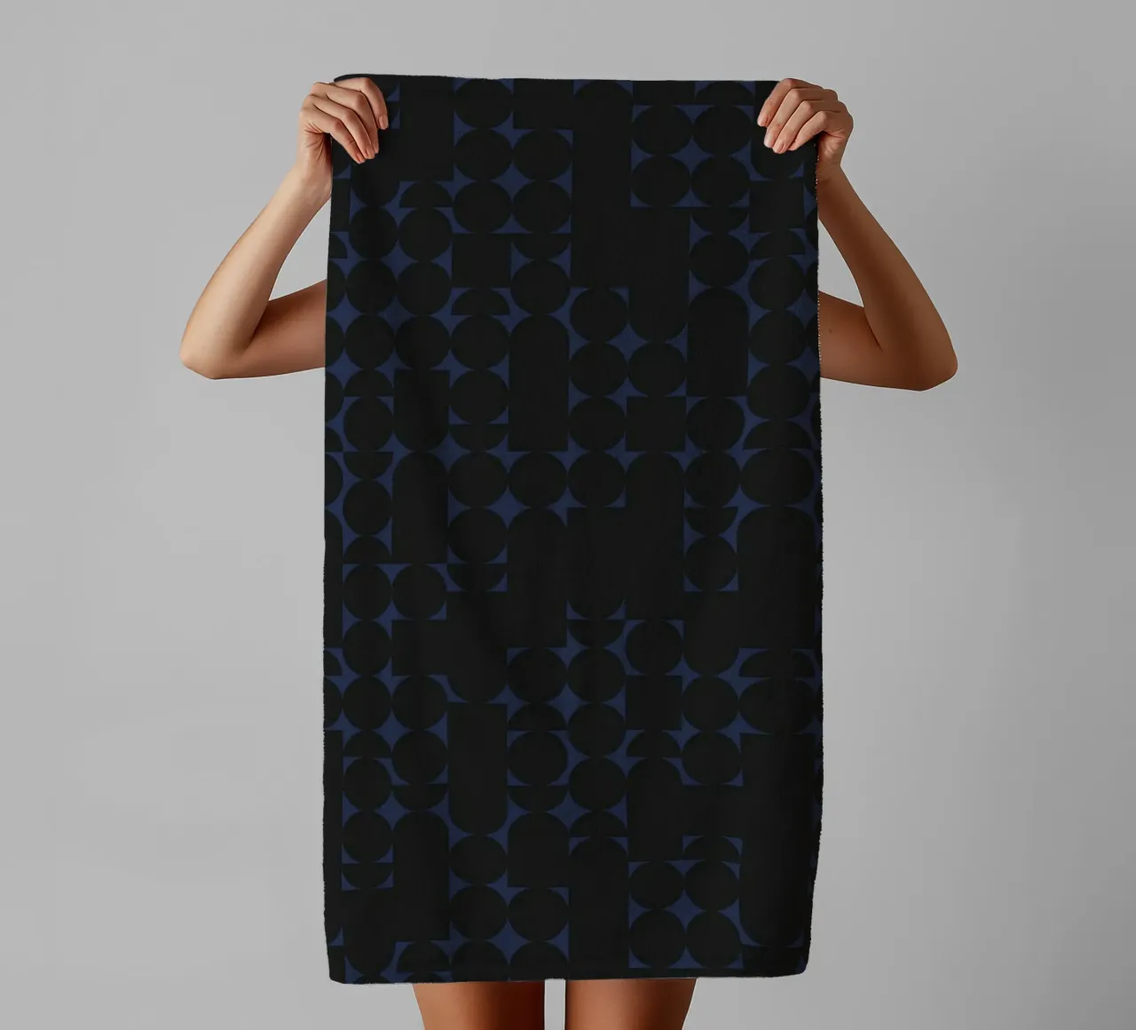 Geometric Black on Navy Modern Art Print towel by kookiepixel