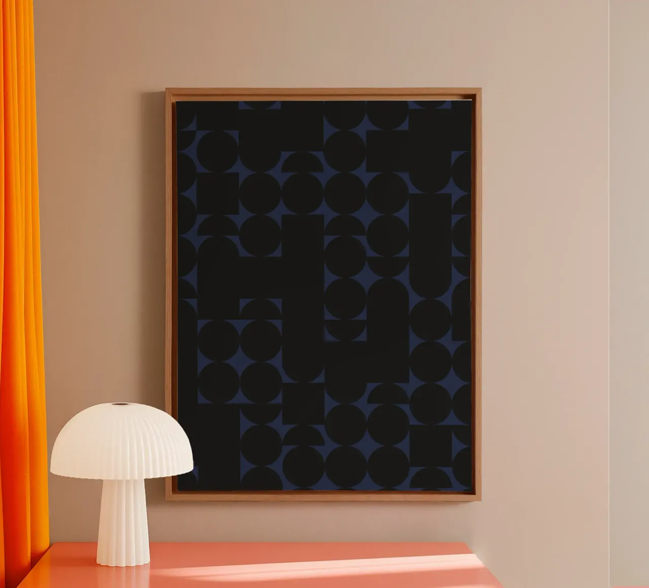 Geometric Black on Navy Modern Art Print canvas with Floater frame by kookiepixel