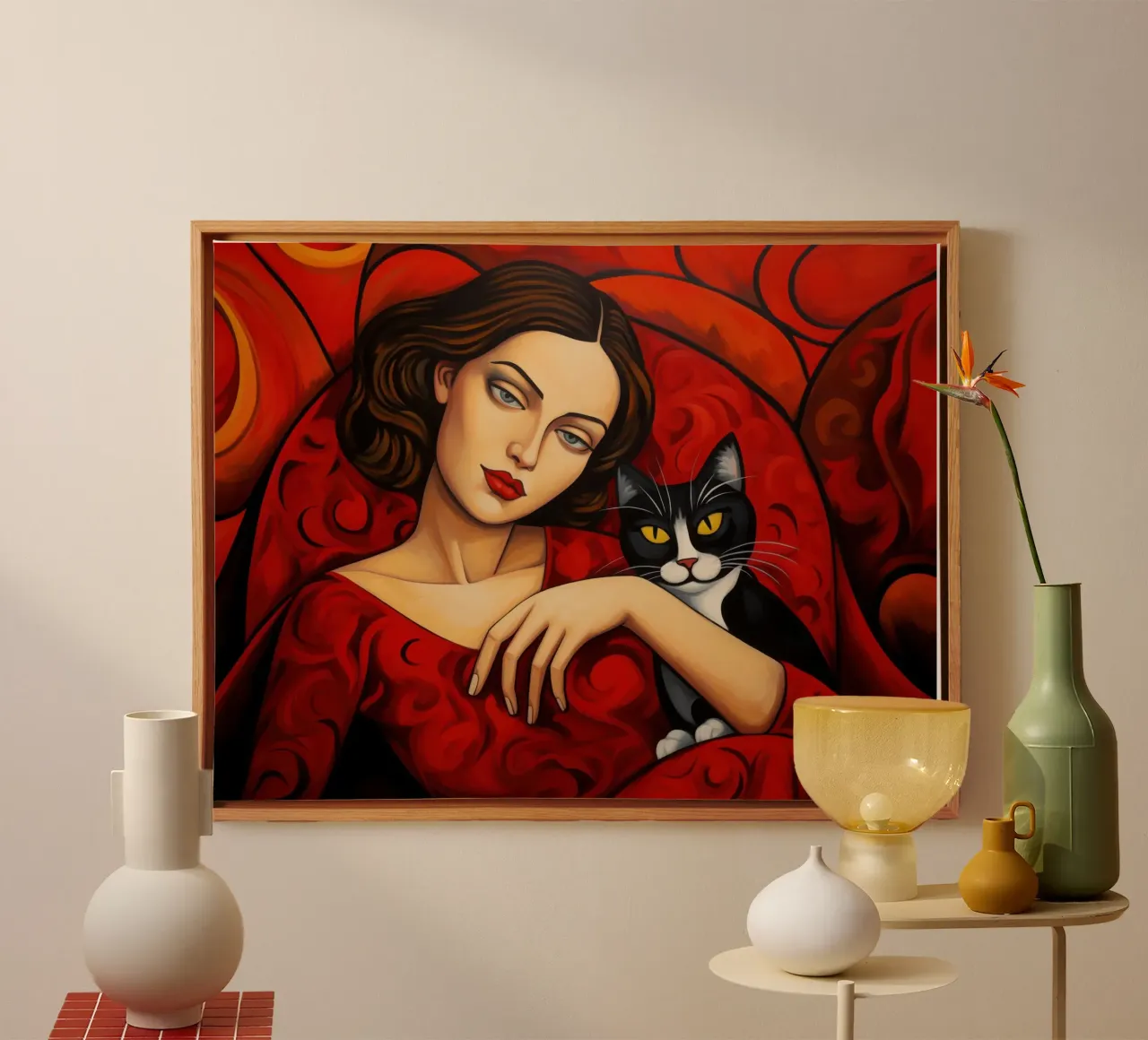 Portret vrouw met zwarte kat | Art Deco schilderij in rood canvas met Baklijst van Autofocus