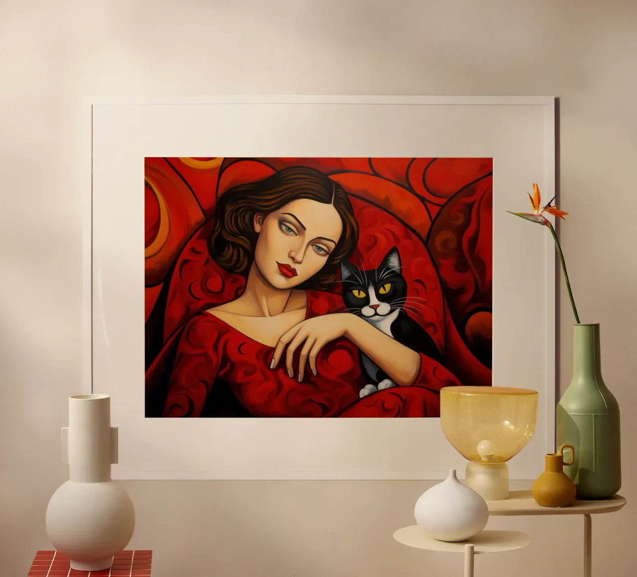 Portrait Frau mit Schwarzer Katze | Art-Déco Malerei in Rot Poster von Autofocus