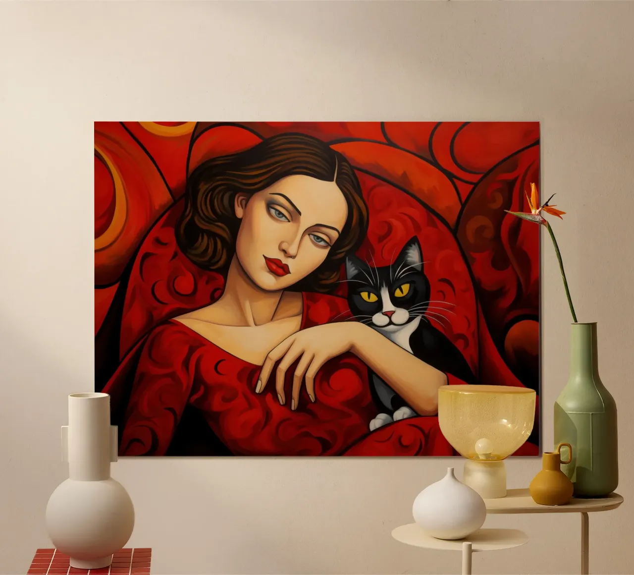 Portrait Frau mit Schwarzer Katze | Art-Déco Malerei in Rot Poster von Autofocus