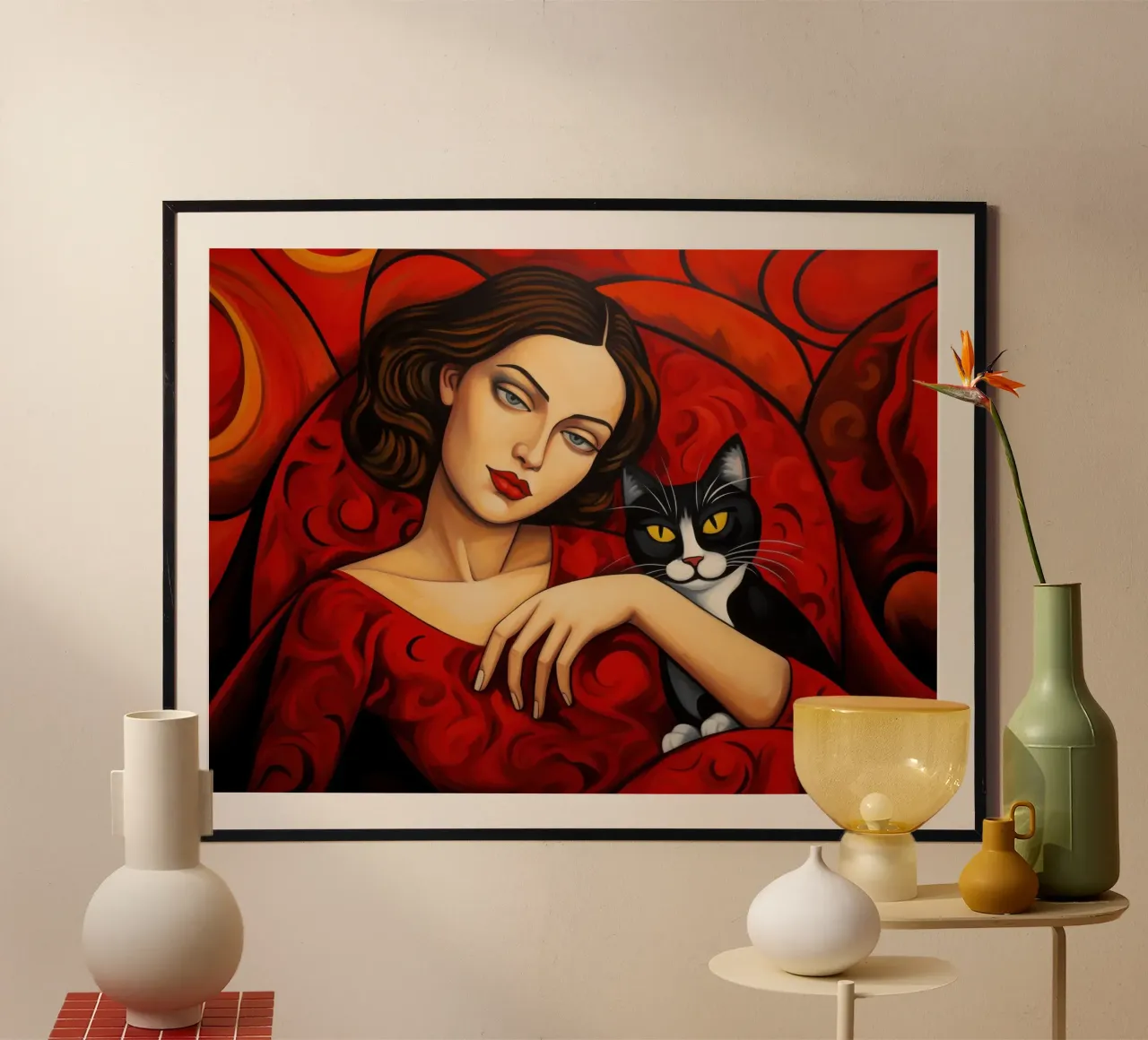 Portrait Frau mit Schwarzer Katze | Art-Déco Malerei in Rot Poster von Autofocus