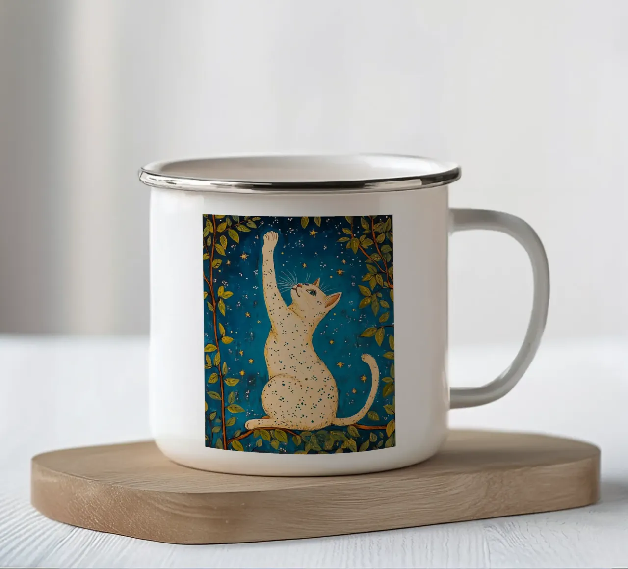 Gatto bianco e stelle tazza in smalto da IamHomeStudio