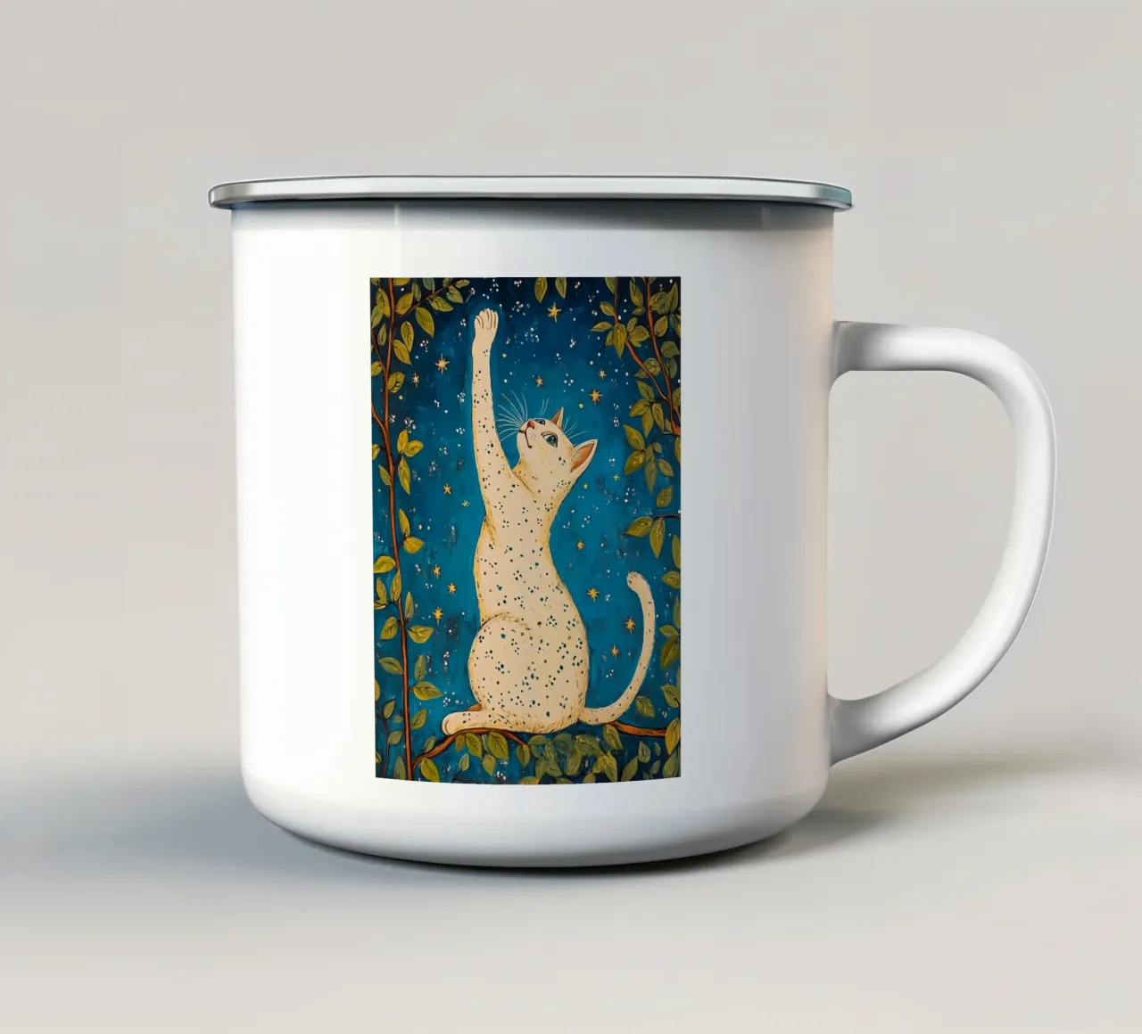 Gatto bianco e stelle tazza in smalto da IamHomeStudio