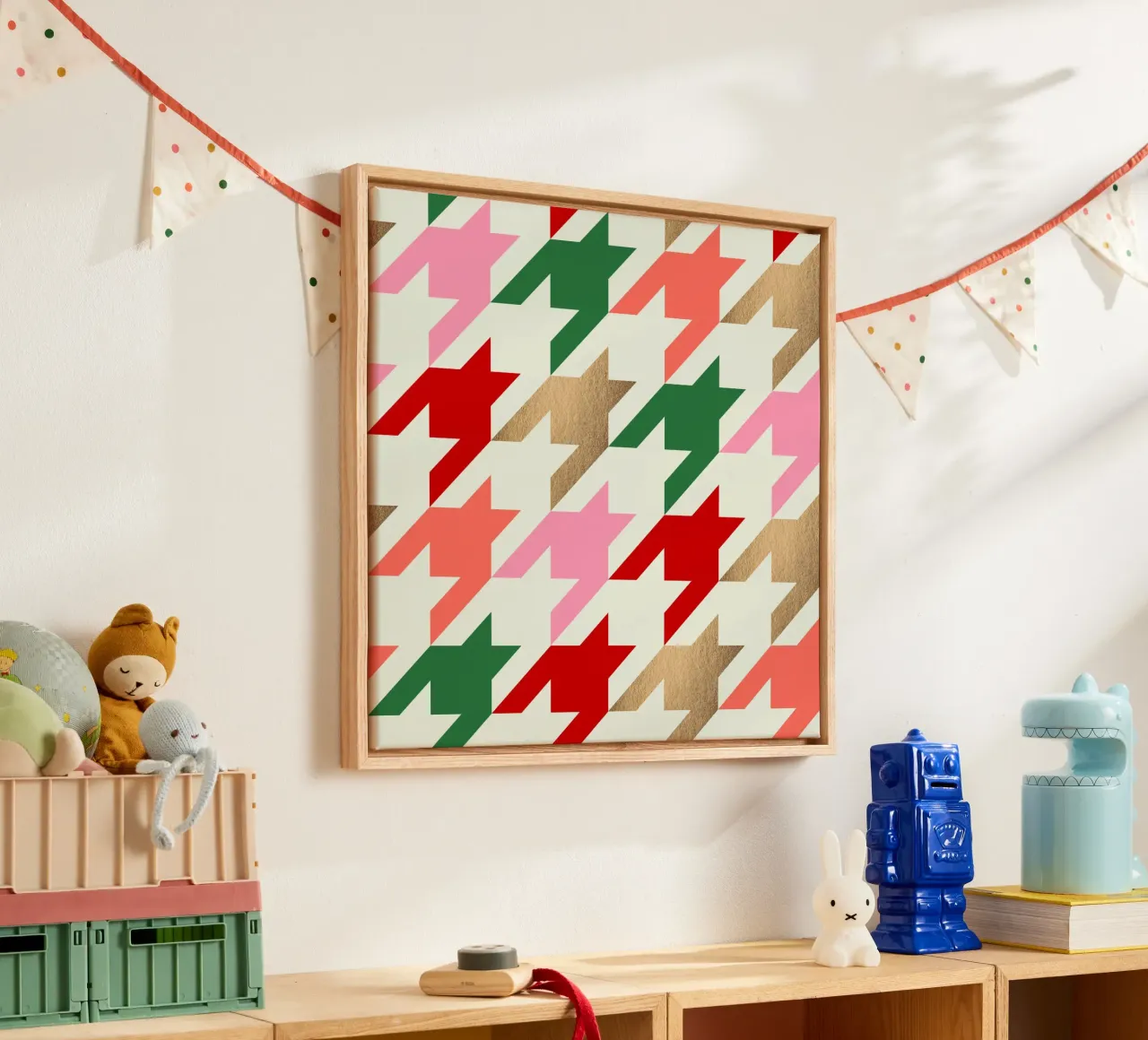 Feestelijk Houndstooth-patroon - Rood Roze Groen Nep Goud canvas met Baklijst van Dominique Vari Abstract