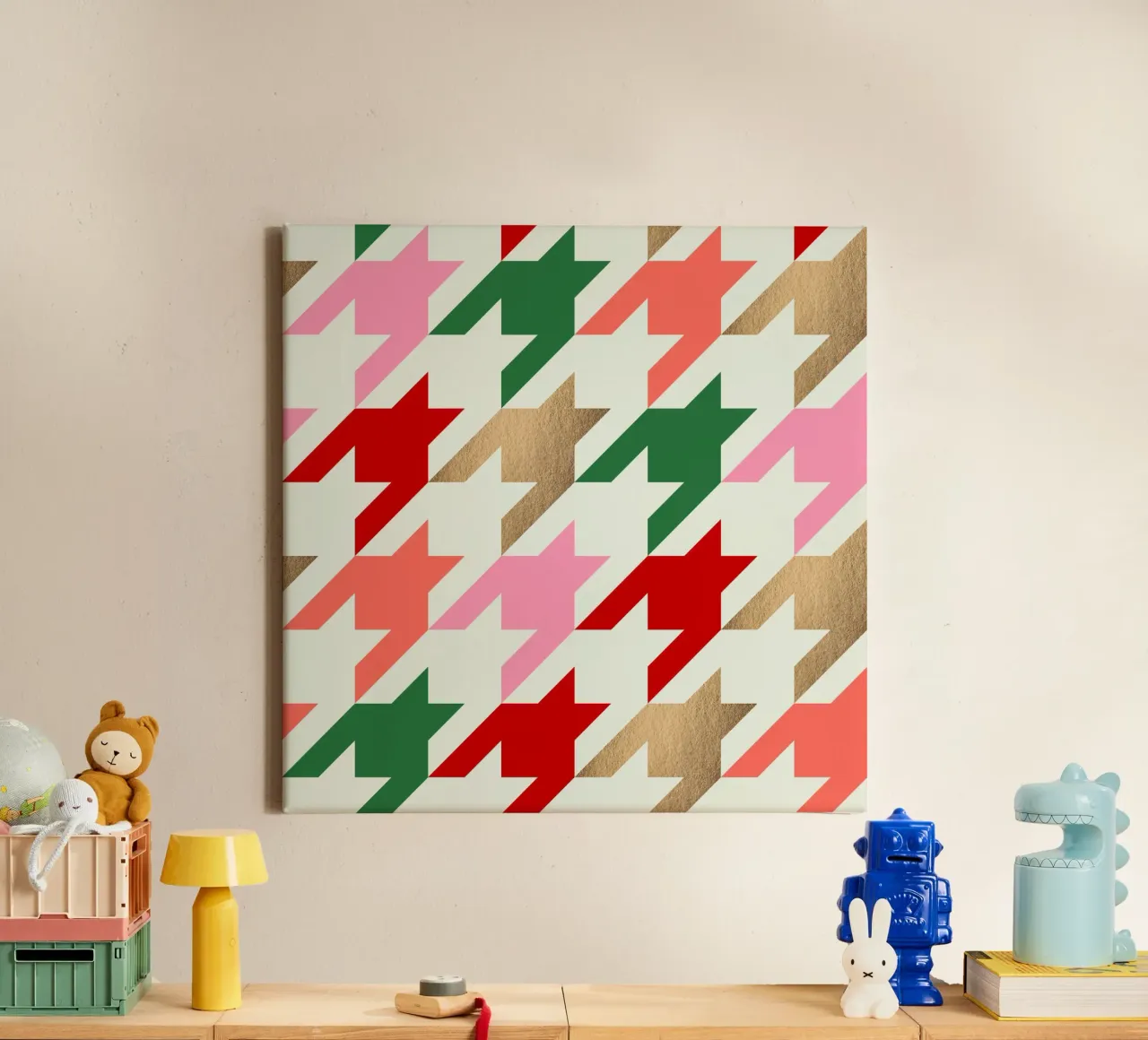 Feestelijk Houndstooth-patroon - Rood Roze Groen Nep Goud canvas met Baklijst van Dominique Vari Abstract