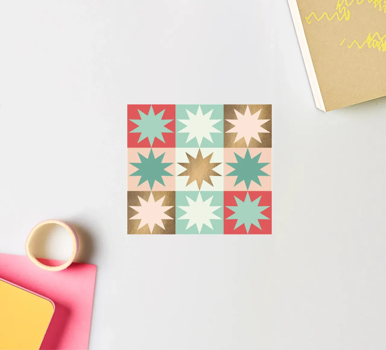 Festive Chequered Star Pattern • Red, Teal, Pink, Faux Gold sticker by Dominique Vari Abstract
