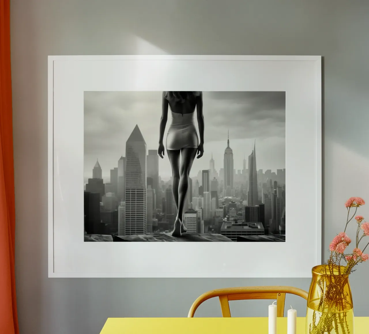 New York City Skyscraper and Long Legs poster con telaio in plastica da Autofocus