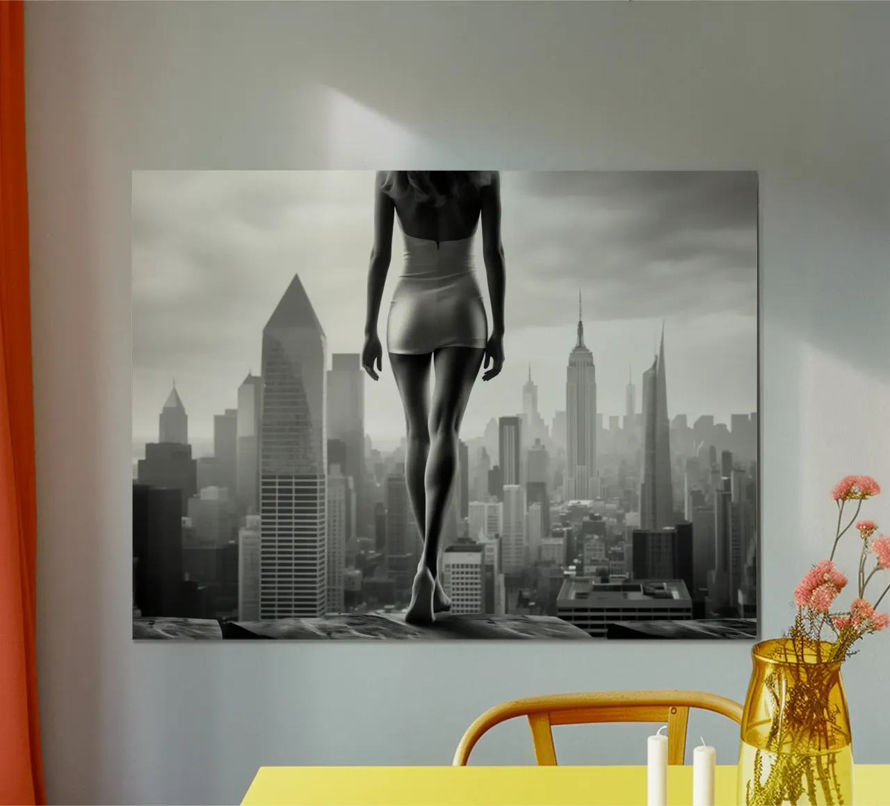 New York City Skyscraper and Long Legs poster con telaio in plastica da Autofocus