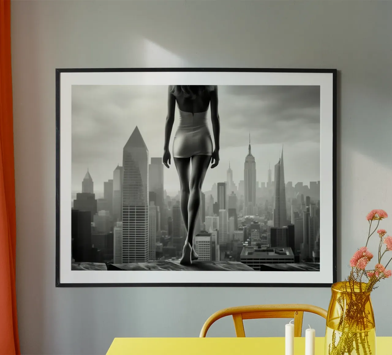 New York City Skyscraper and Long Legs poster con telaio in plastica da Autofocus