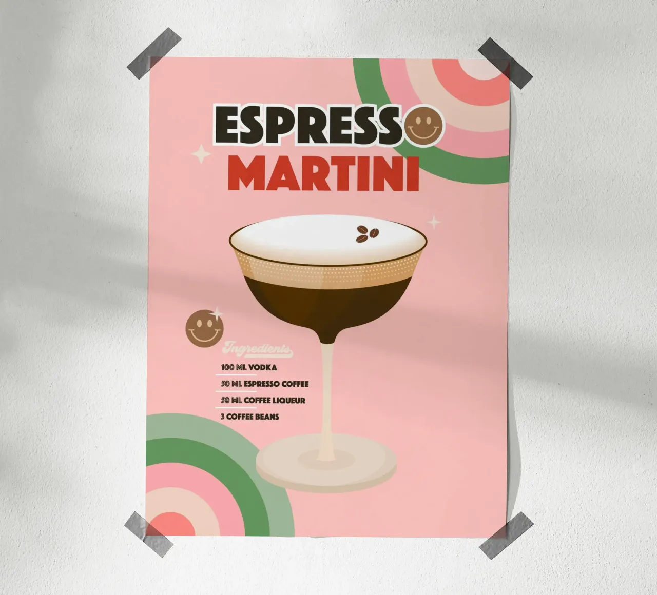 Espresso Martini - Retro Minimalist Cocktail Kunst auf Rosa Poster mit Kunststoffrahmen von Dominique Vari