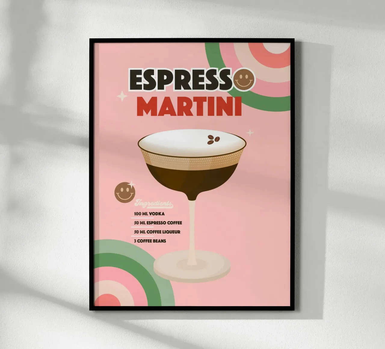 Espresso Martini - Retro Minimalist Cocktail Kunst auf Rosa Poster mit Kunststoffrahmen von Dominique Vari