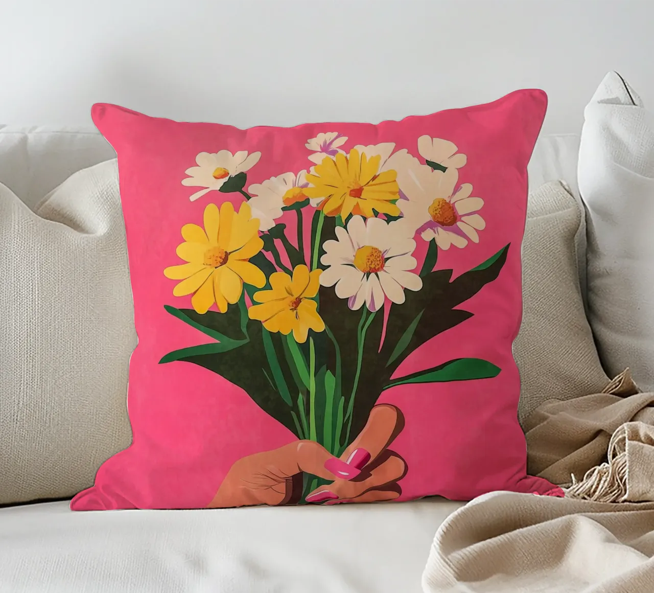 Roze nagels & bloemen kussen van Carinaprint