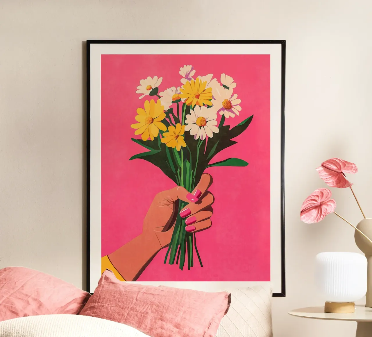 Unghie e fiori rosa poster con telaio in plastica da Carinaprint