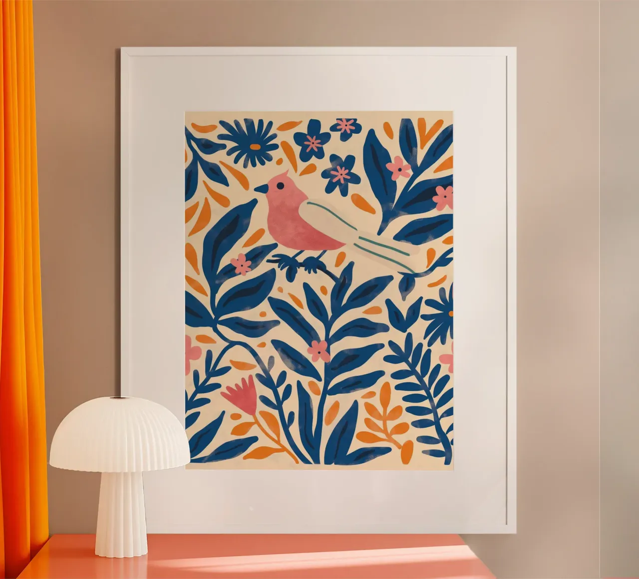 Uccello carino Rosa Retro Vintage Botanico Primavera Fiore Piante poster con telaio in plastica da Gentle Echoes Art