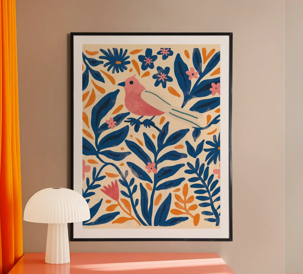 Uccello carino Rosa Retro Vintage Botanico Primavera Fiore Piante poster con telaio in plastica da Gentle Echoes Art