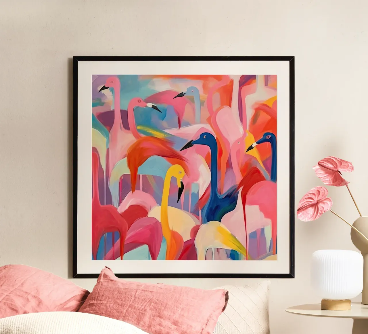 Fenicotteri da sogno poster con telaio in legno da DaarbyN
