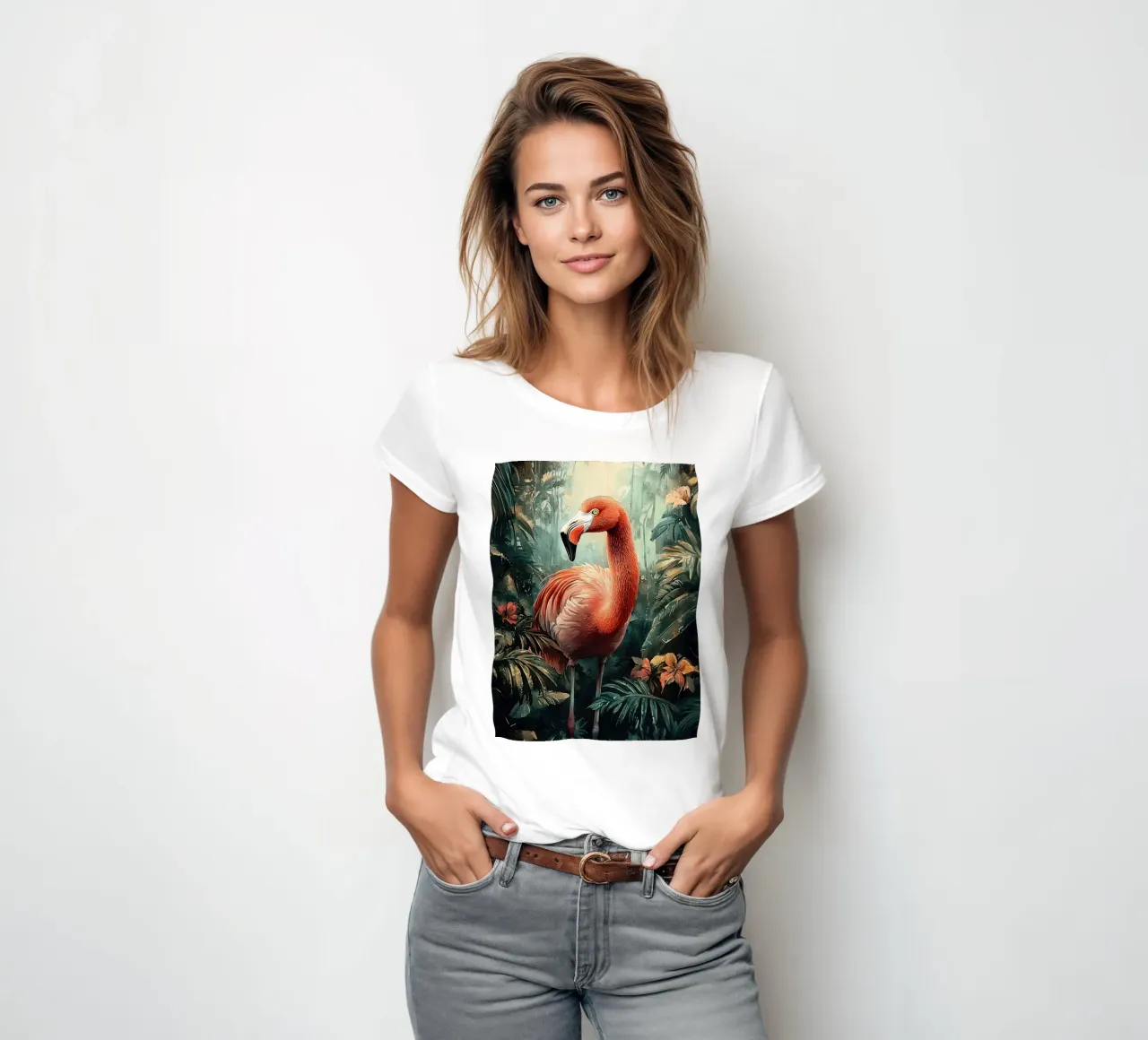 Flamingo Forest Leaves women's fitted t-shirt by Mateo