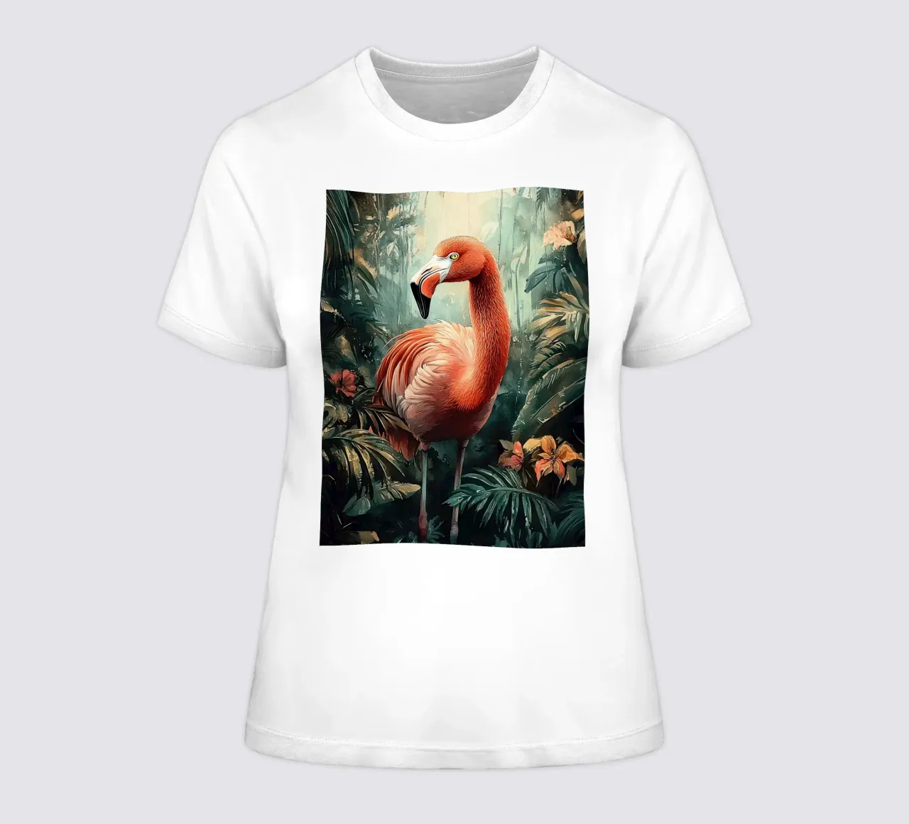 Flamingo Forest Leaves women's fitted t-shirt by Mateo