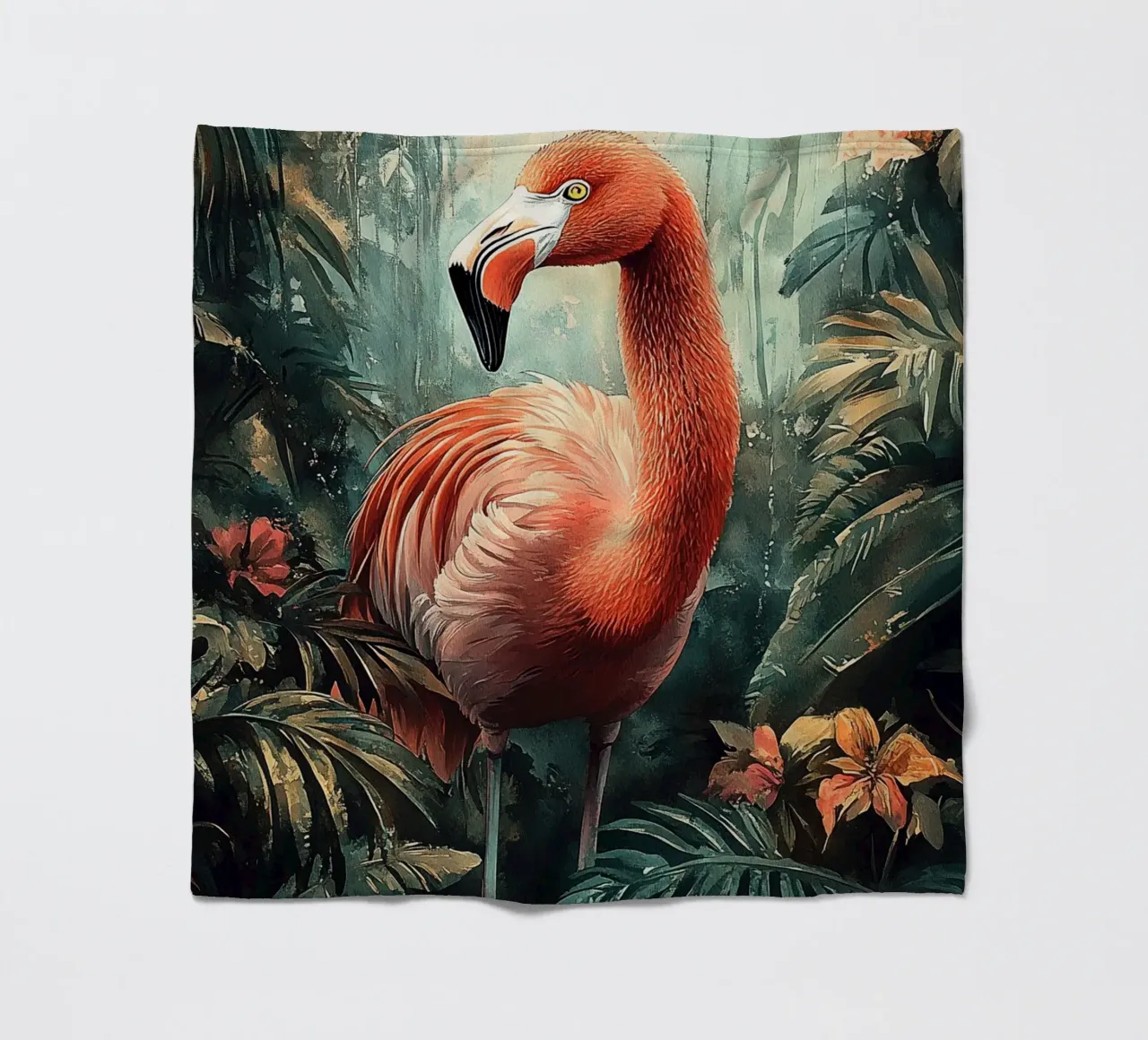 Flamingo Forest Leaves fleece blanket by Mateo