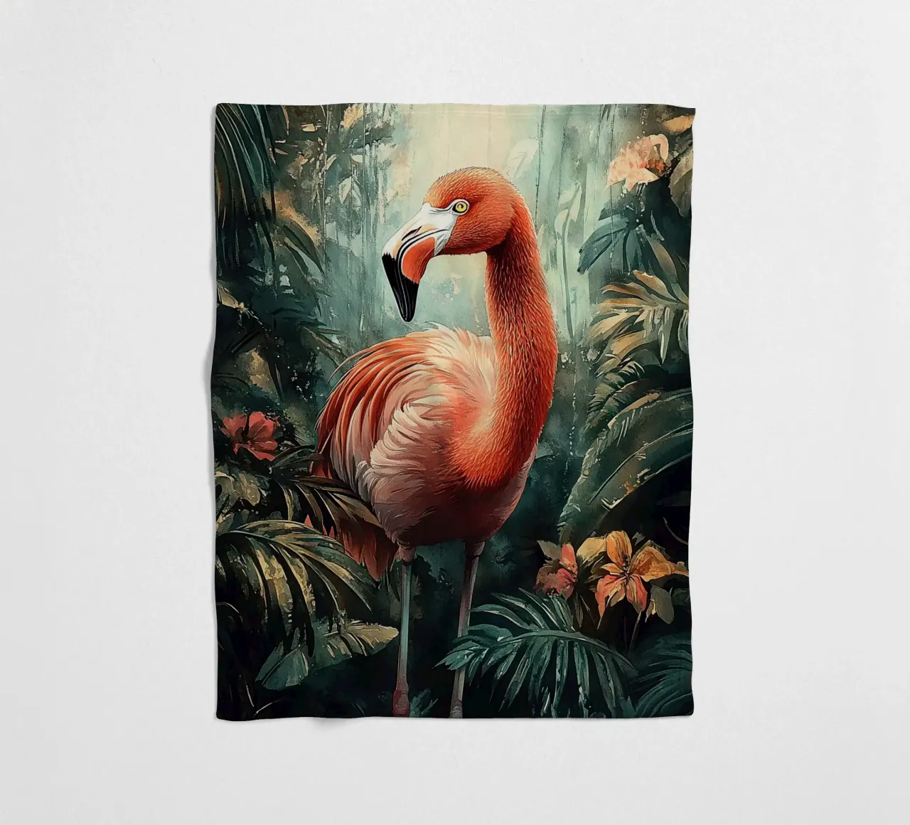 Flamingo Forest Leaves fleece blanket by Mateo