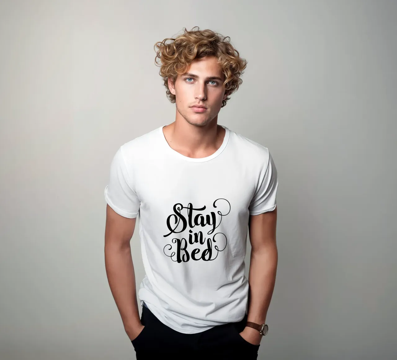Stay In Bed Design tipografico in bianco e nero t-shirt da THE MOTIVATED TYPE