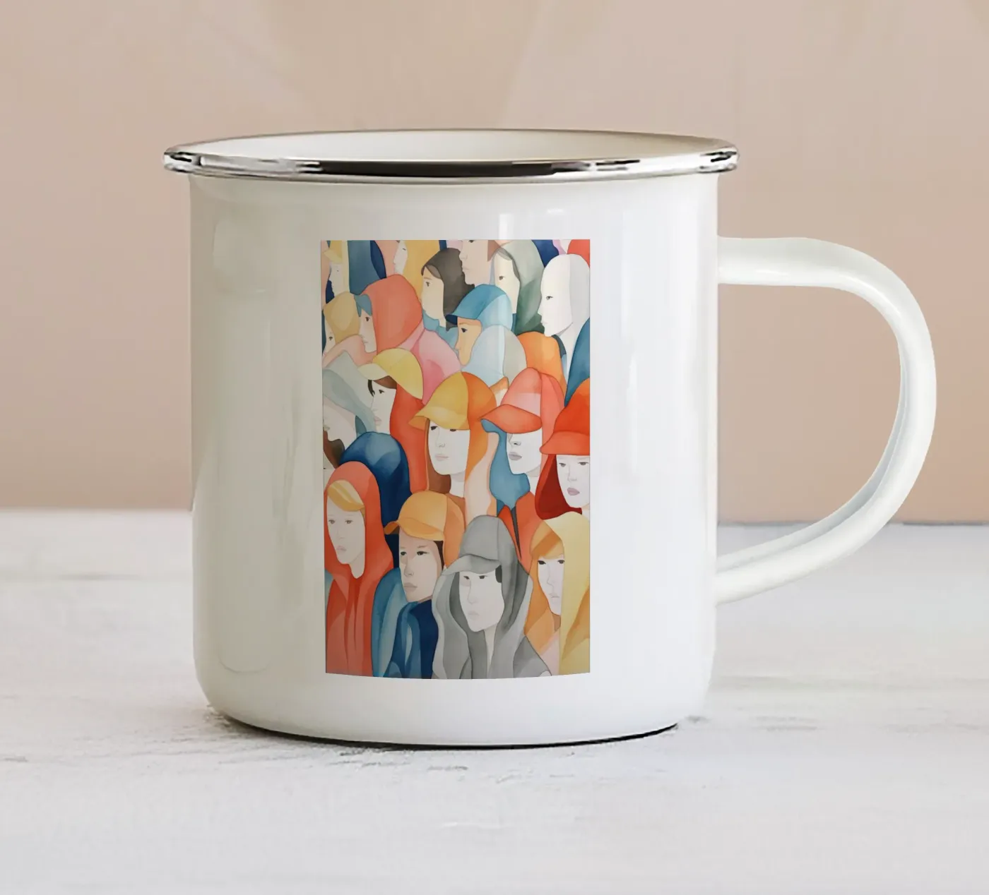 Faces enamel mug by DaarbyN