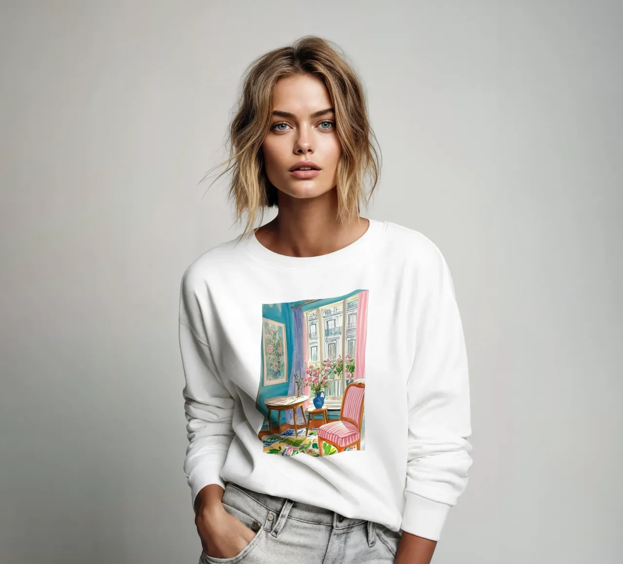Blumenzimmer mit Pariser Aussicht Sweatshirt von Melloi Art Print