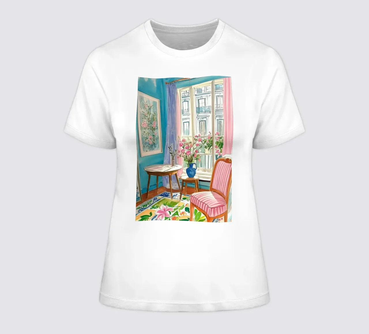 Floral Room with Parisian View women's fitted t-shirt by Melloi Art Print