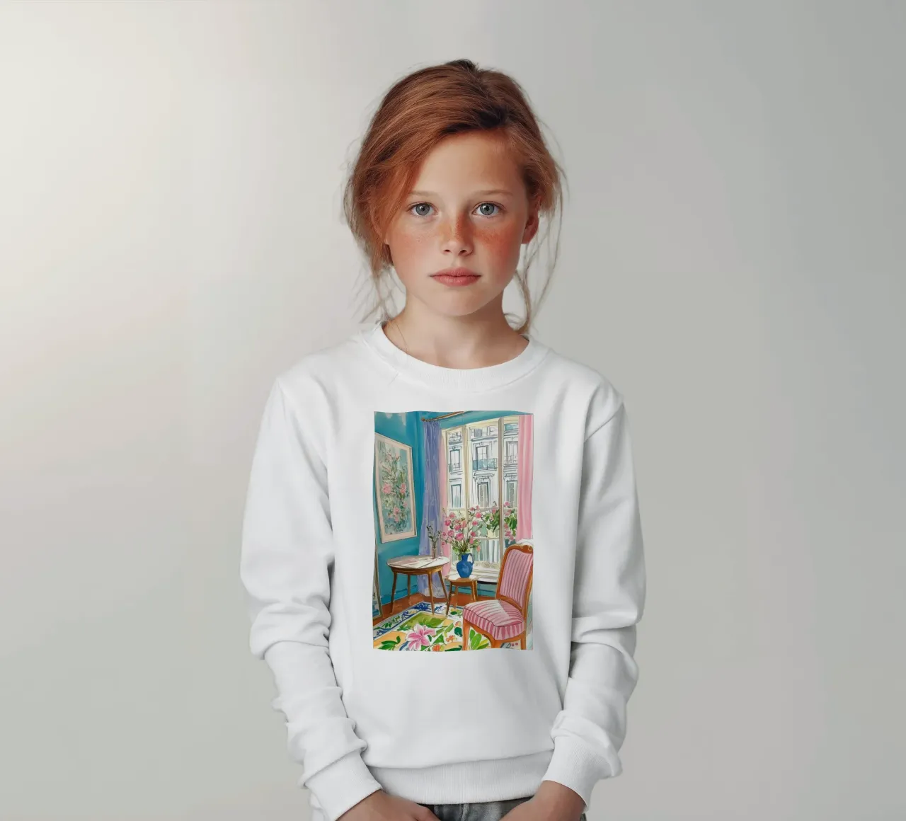 Floral Room with Parisian View kids sweatshirt by Melloi Art Print