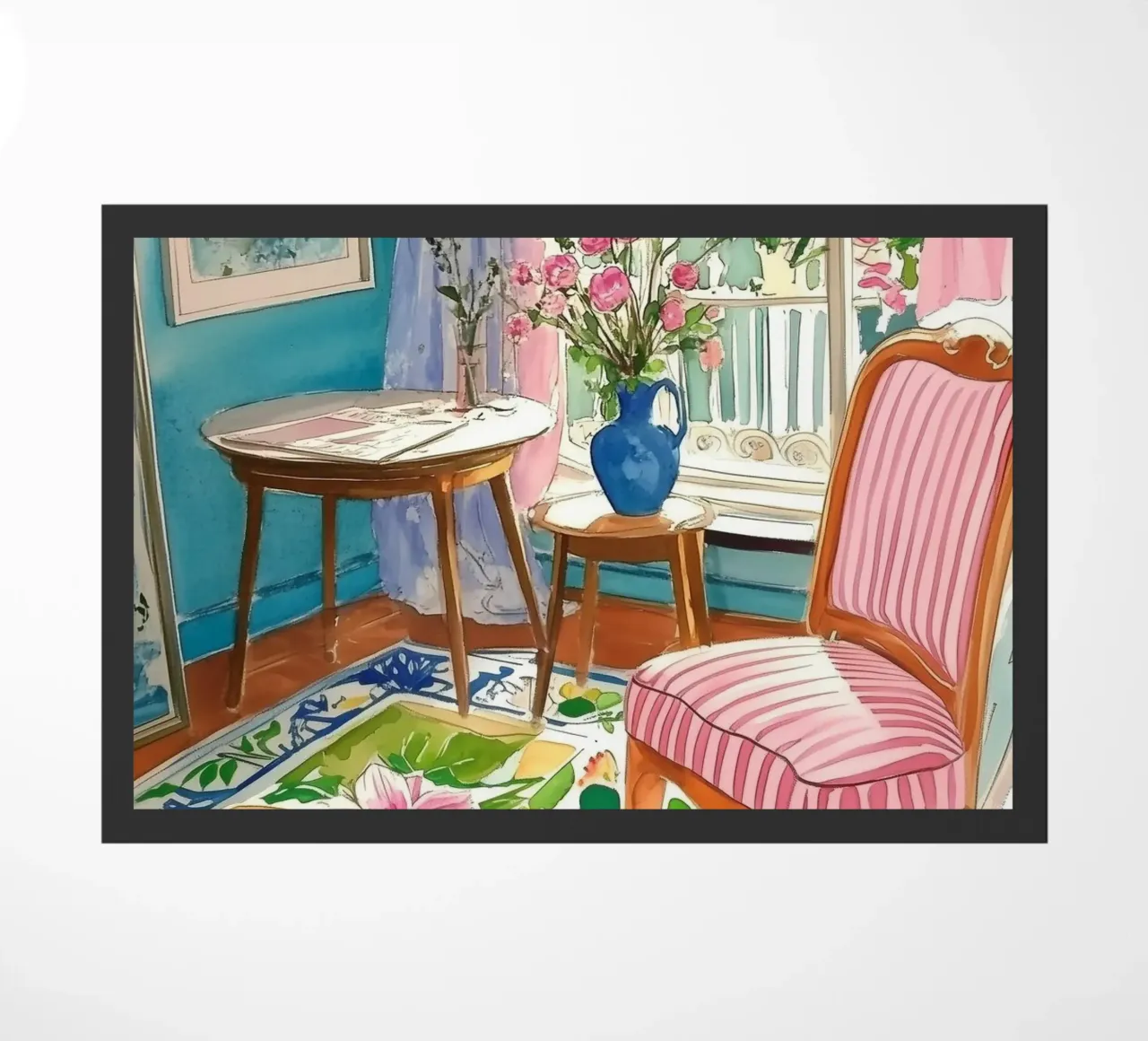 Floral Room with Parisian View doormat by Melloi Art Print