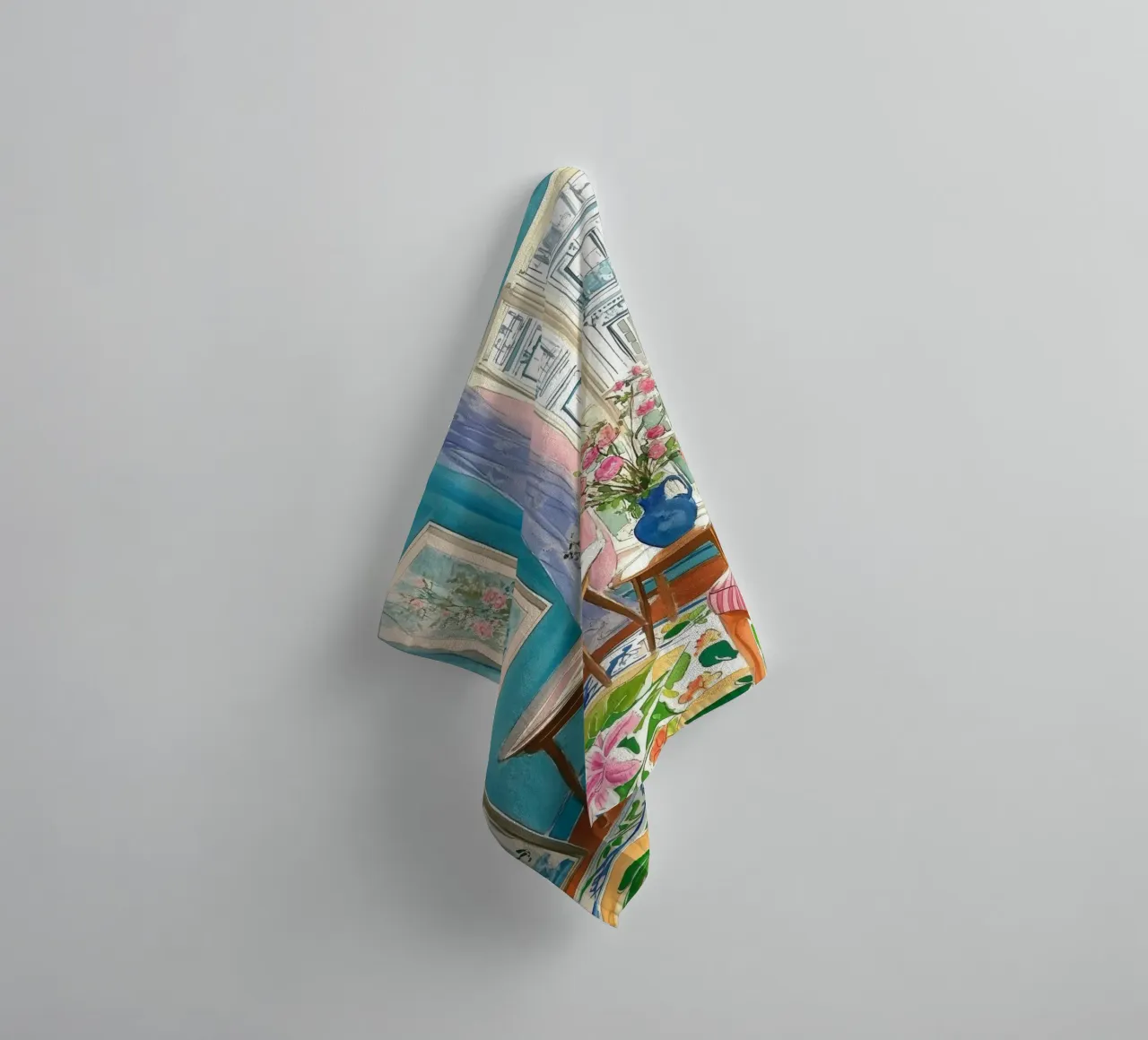 Blumenzimmer mit Pariser Aussicht Handtuch von Melloi Art Print