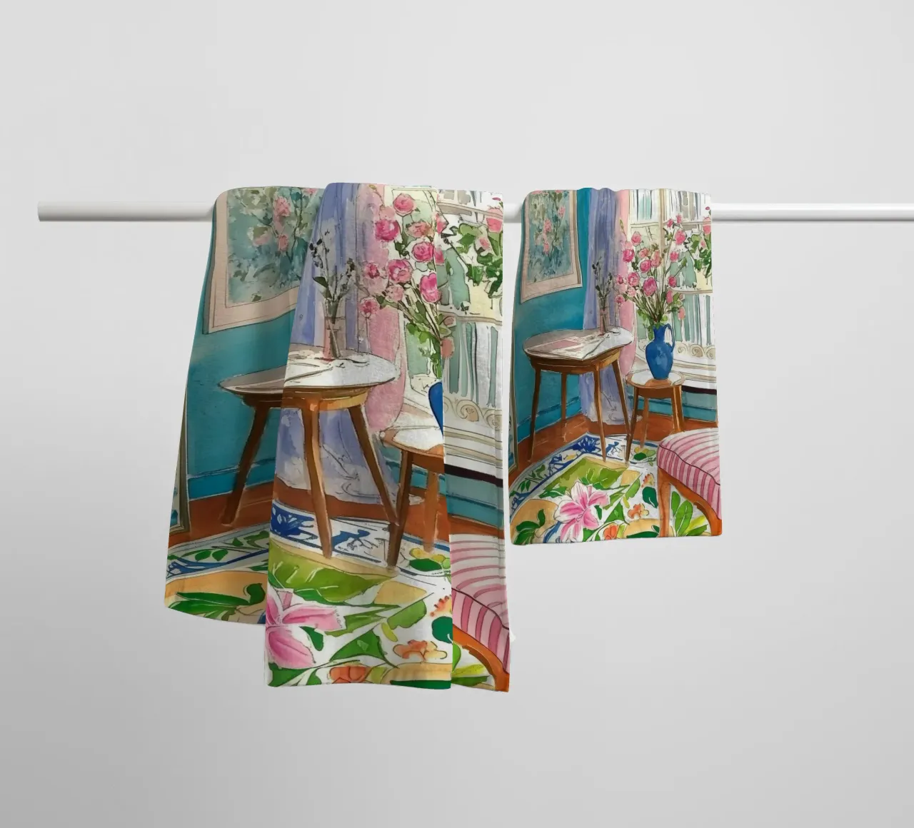 Blumenzimmer mit Pariser Aussicht Handtuch von Melloi Art Print