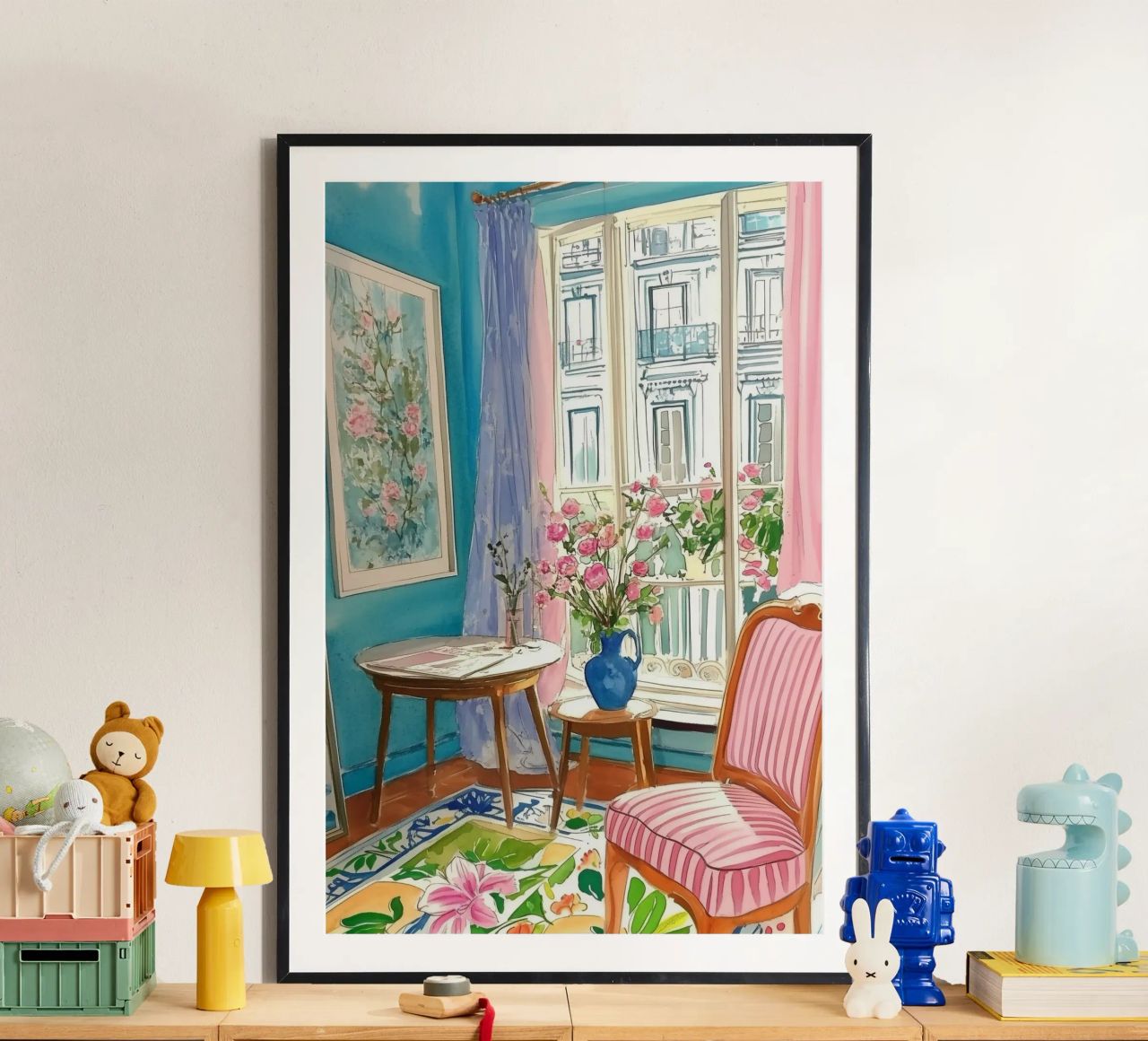 Chambre florale avec vue sur Paris poster de Melloi Art Print