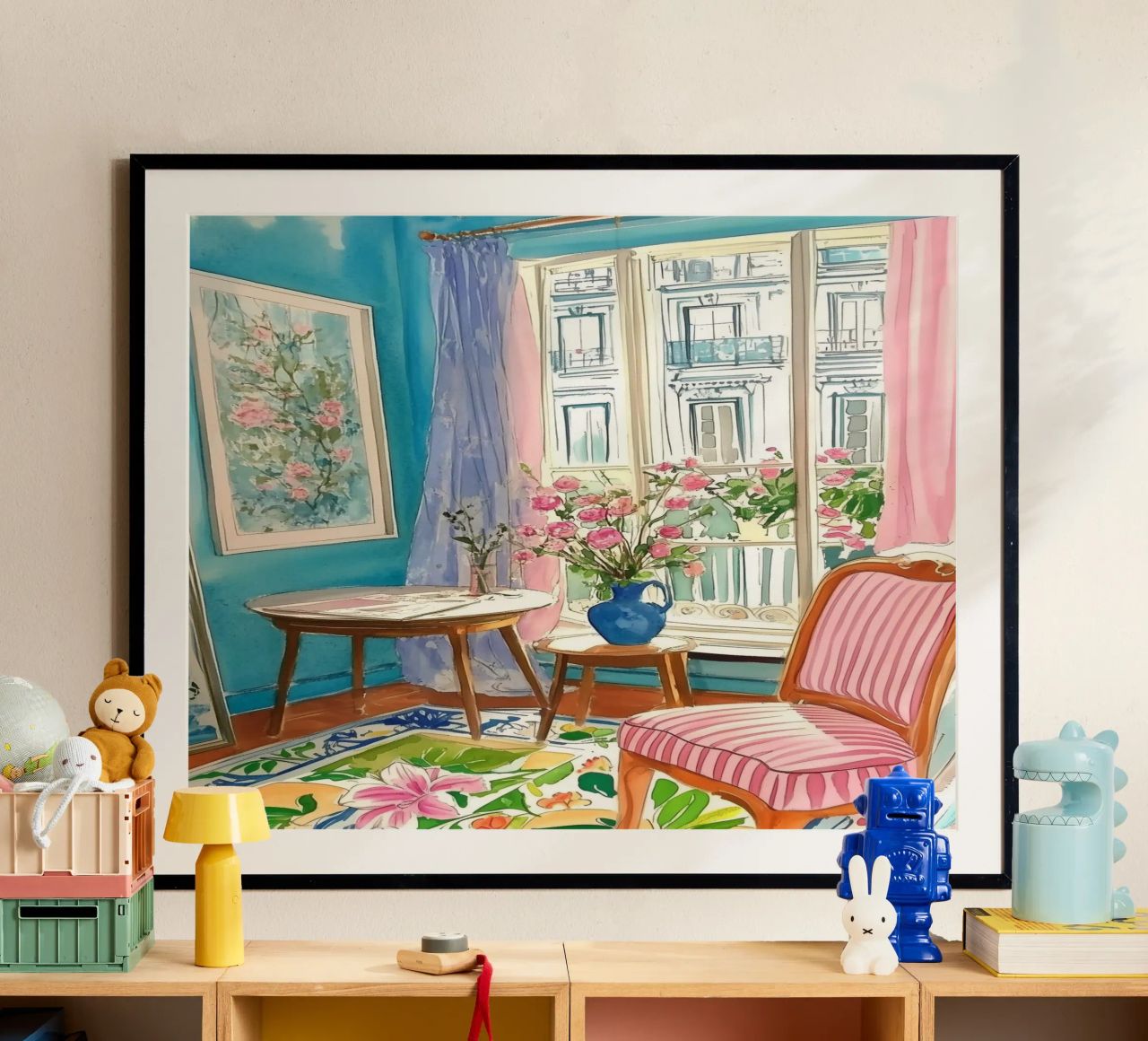 Chambre florale avec vue sur Paris poster de Melloi Art Print