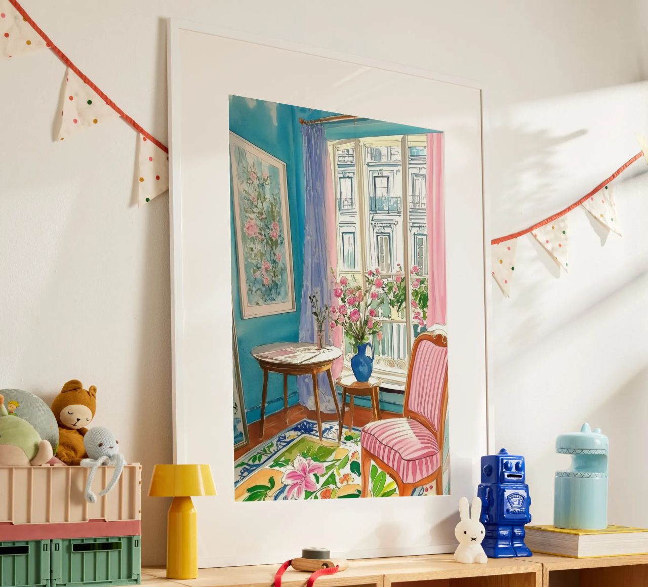 Chambre florale avec vue sur Paris poster de Melloi Art Print