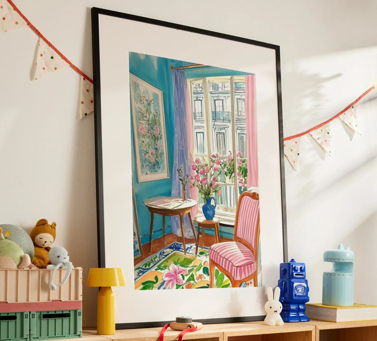 Chambre florale avec vue sur Paris poster de Melloi Art Print