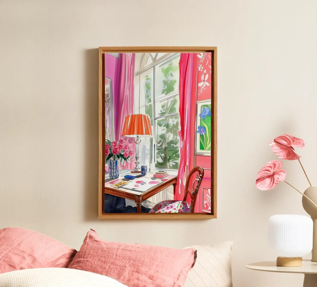 Lebendiger Arbeitsbereich mit rosa Rosen Leinwand mit Schattenfugenrahmen von Melloi Art Print