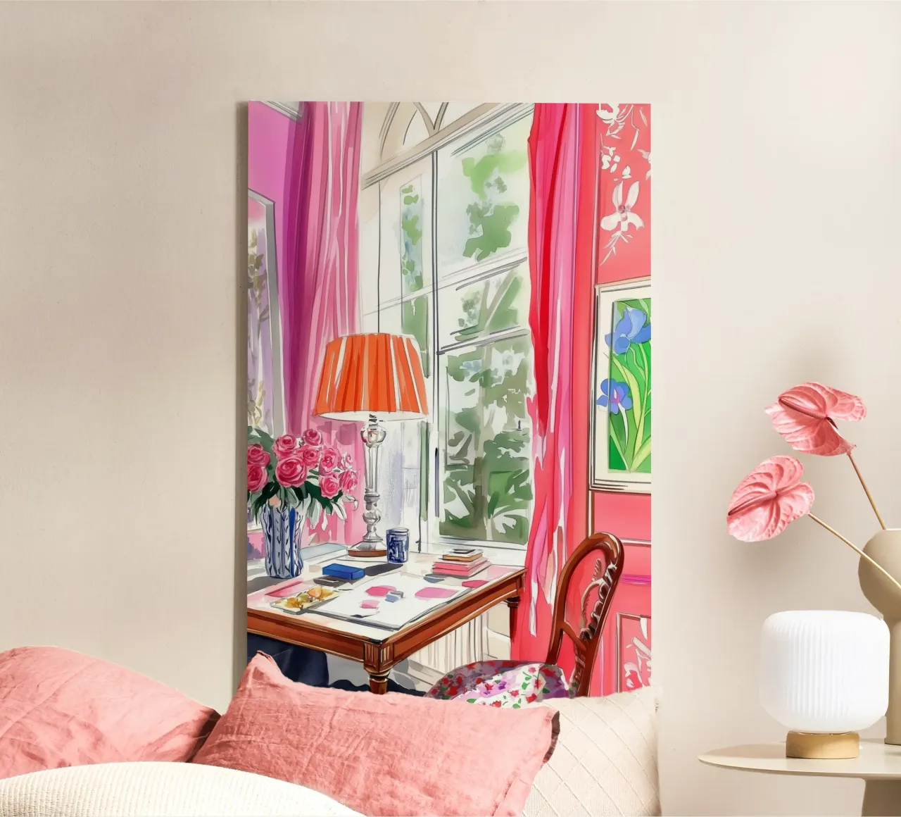 Lebendiger Arbeitsbereich mit rosa Rosen Leinwand mit Schattenfugenrahmen von Melloi Art Print