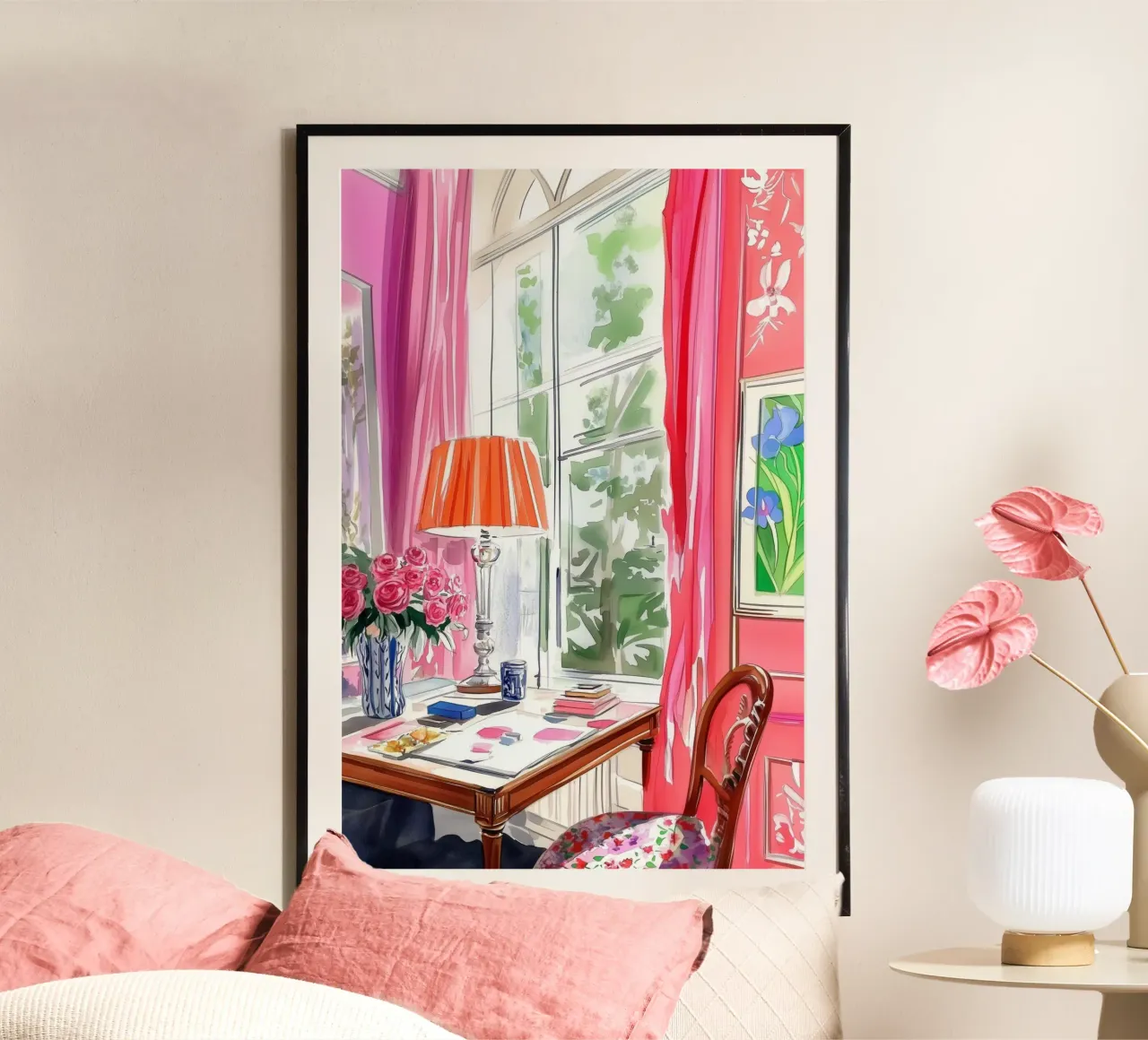 Lebendiger Arbeitsbereich mit rosa Rosen Poster von Melloi Art Print
