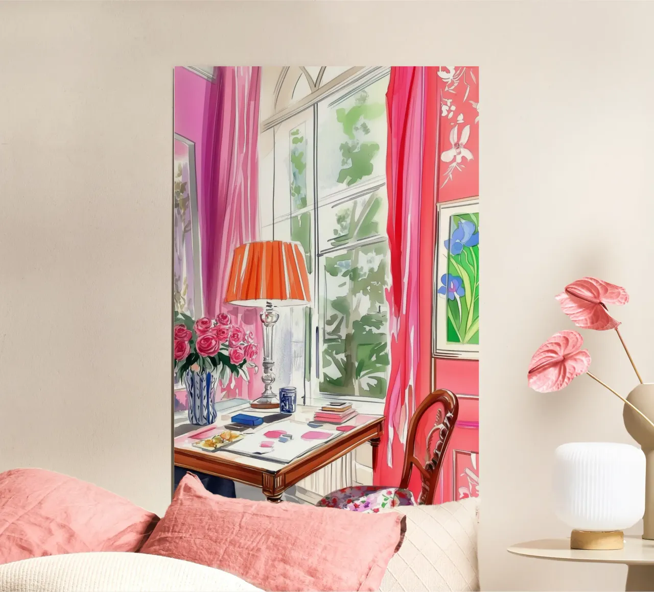 Lebendiger Arbeitsbereich mit rosa Rosen Poster von Melloi Art Print