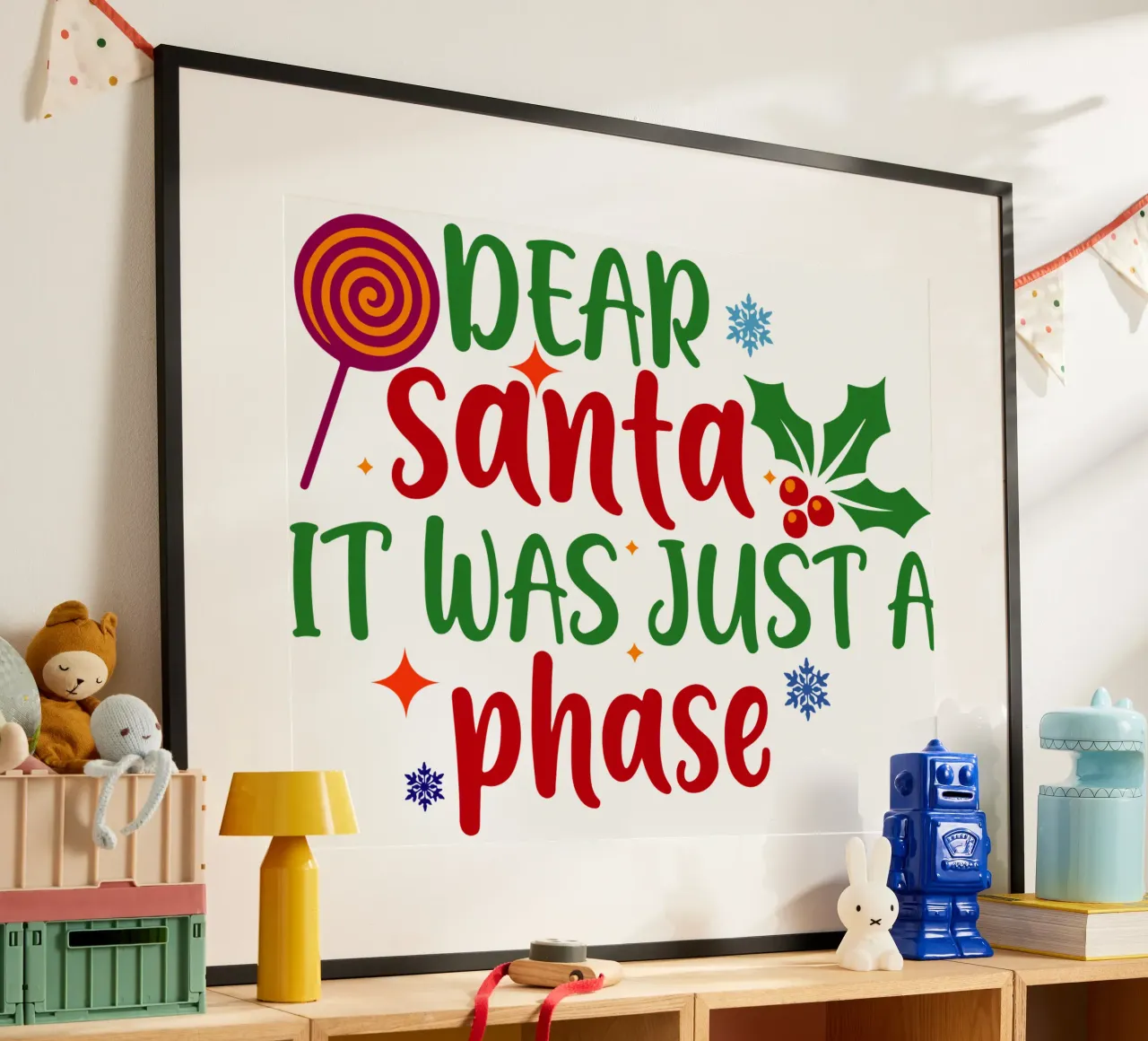 lieve kerstman het was gewoon een fase grappig ontwerp poster met kunststof frame van onefeelshop