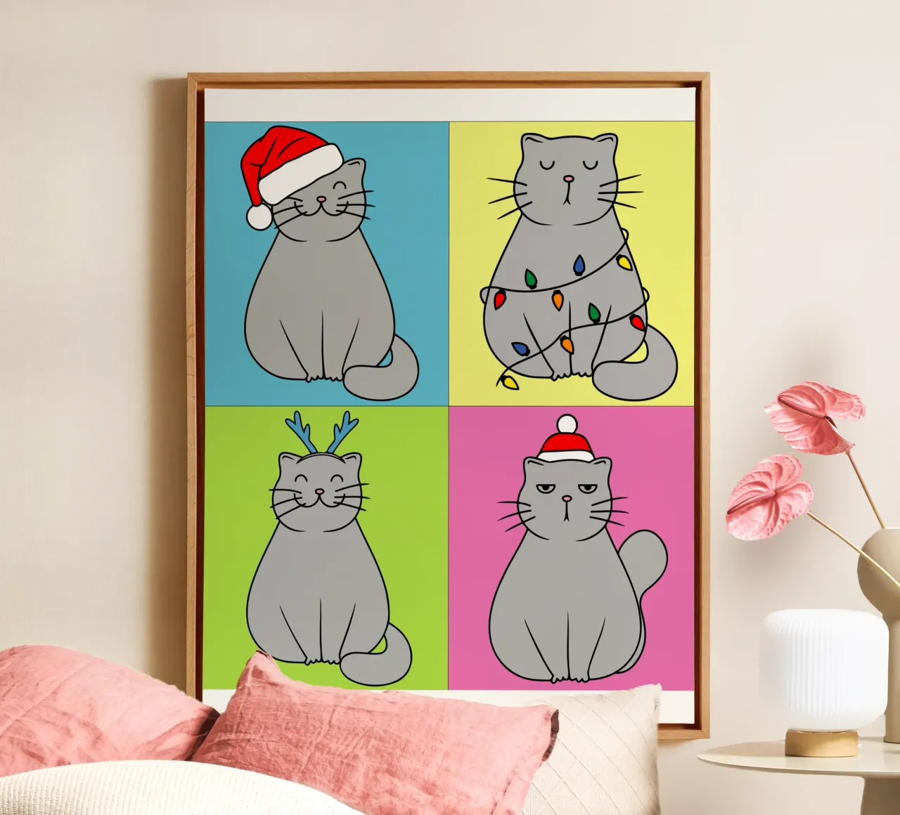 kerstman kat grappig art design canvas met Baklijst van onefeelshop