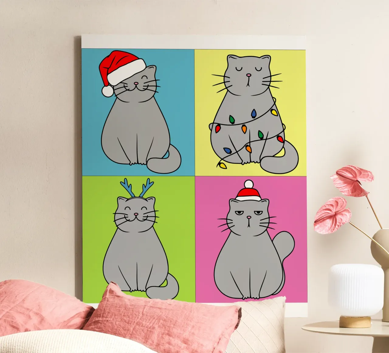 kerstman kat grappig art design canvas met Baklijst van onefeelshop