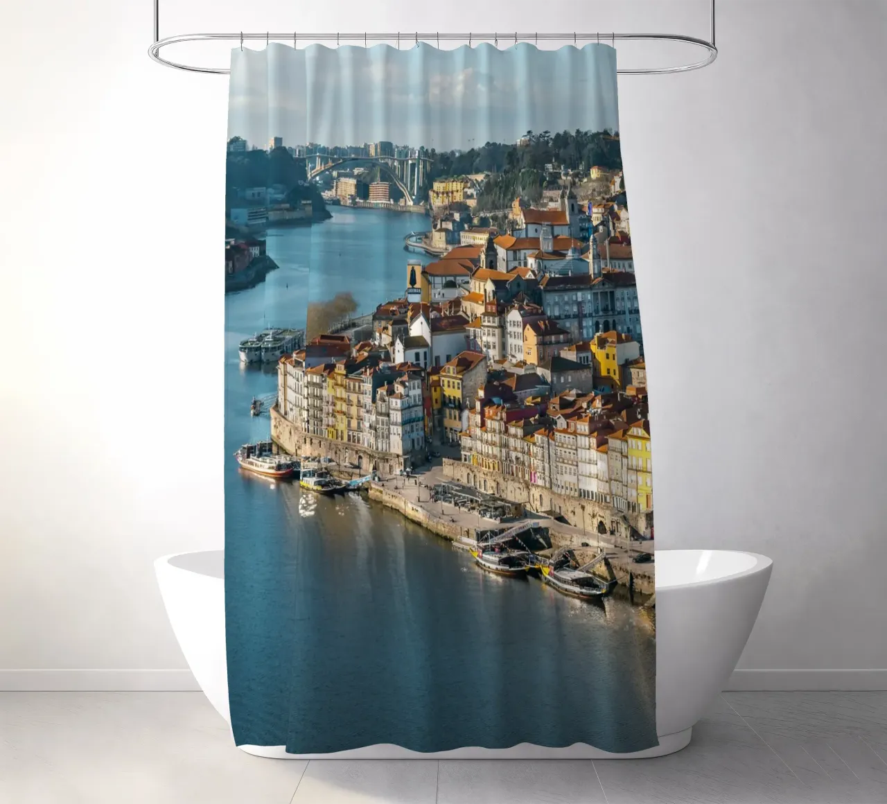Porto Colourful harbour city photography shower curtain by Carinaprint