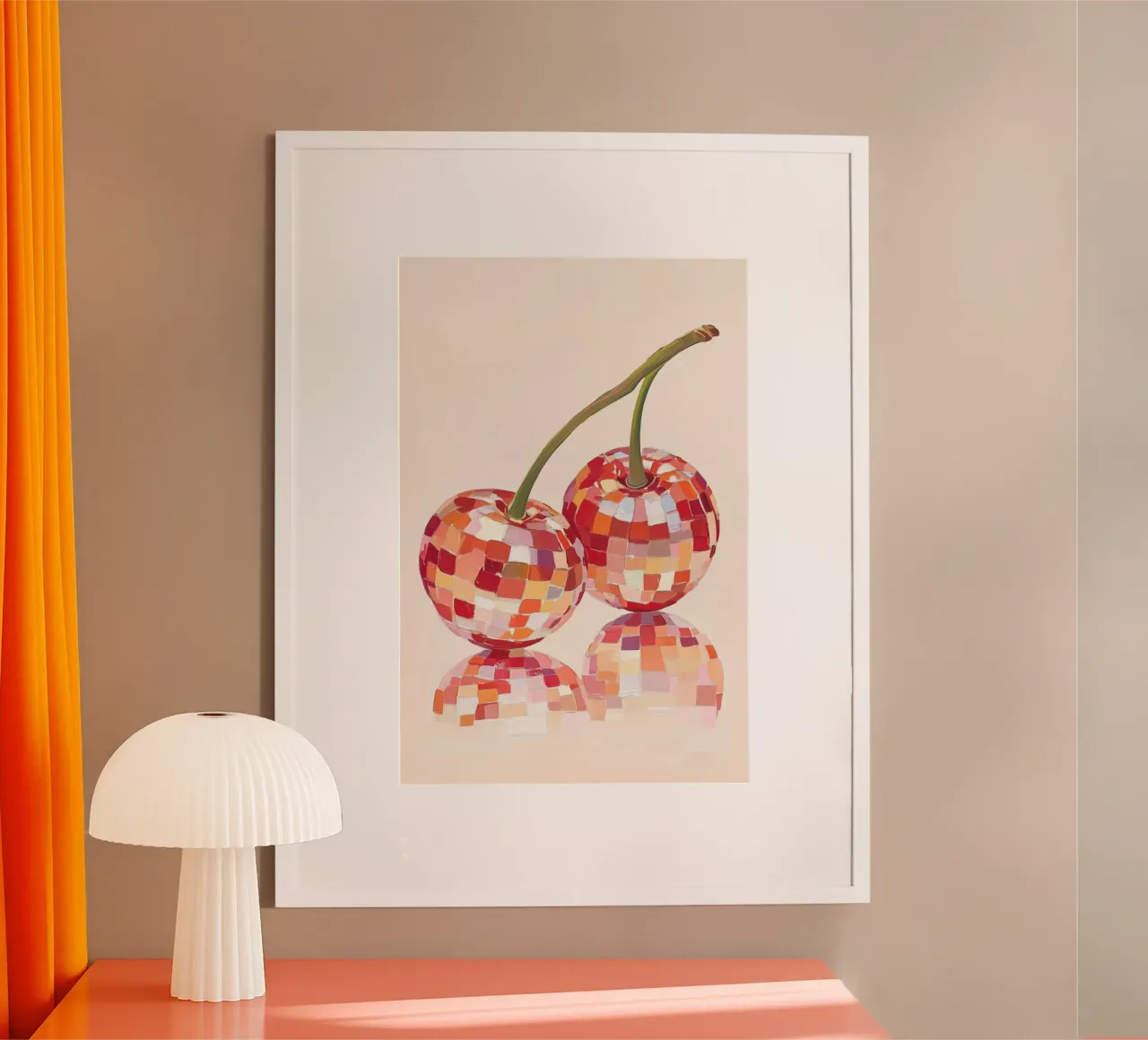 Disco Ball Kirschen Kunst Poster mit Kunststoffrahmen von Melloi Art Print