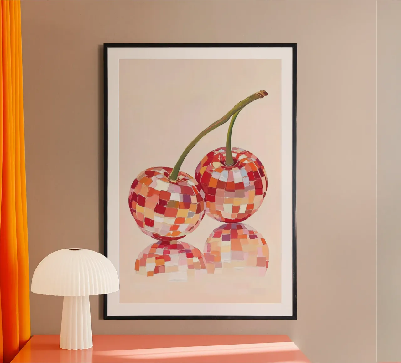 Disco Ball Kirschen Kunst Poster mit Kunststoffrahmen von Melloi Art Print